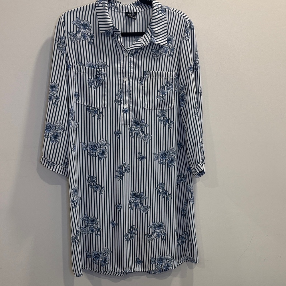 *5 for $20* Rue21 White & Blue Striped Floral Shirt Dress